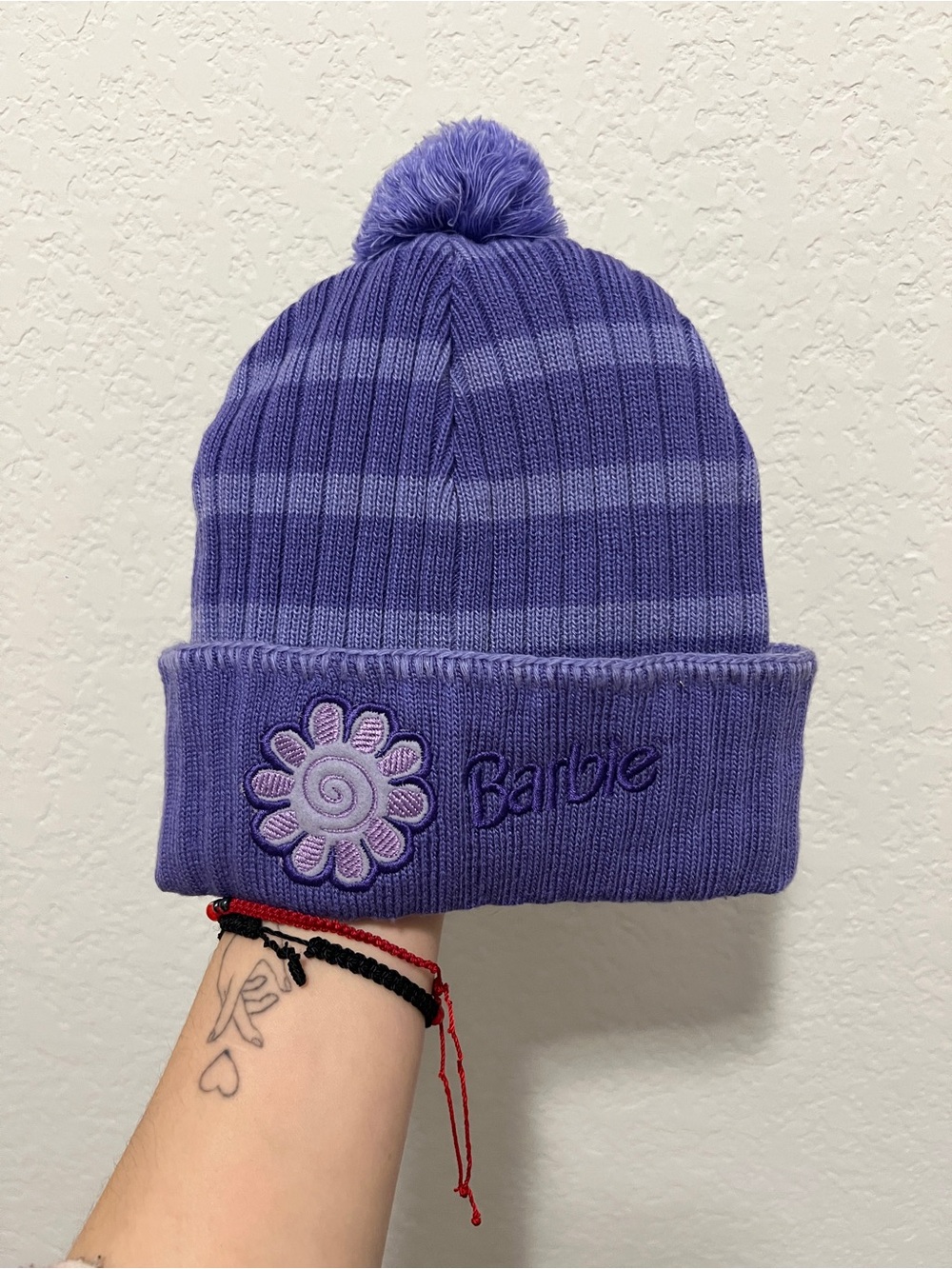 Vintage Barbie Kids Purple Pom-Pom Beanie Hat